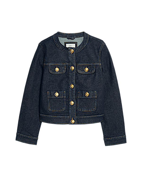 Denim Collarless Button Through Jacket