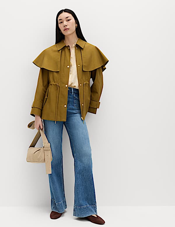 Taillierter Cape-Mantel aus reiner Baumwolle mit Kragen - AT