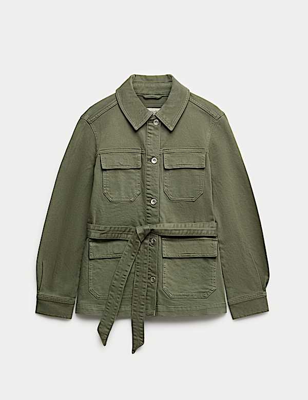 Praktisch denim jasje met kraag en riem - NL