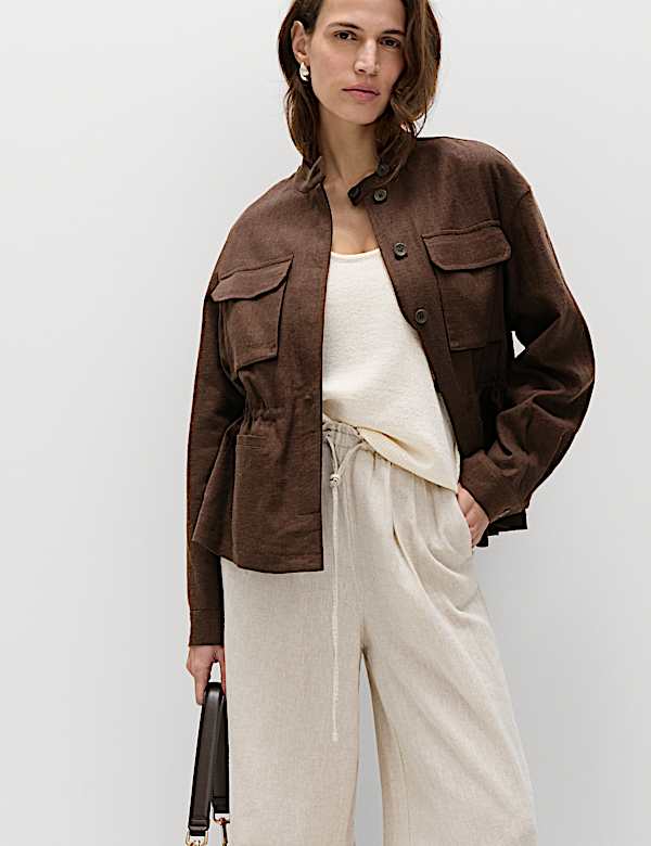 Linen Blend Lightweight Utility Jacket | BITTER CHOCOLATE
