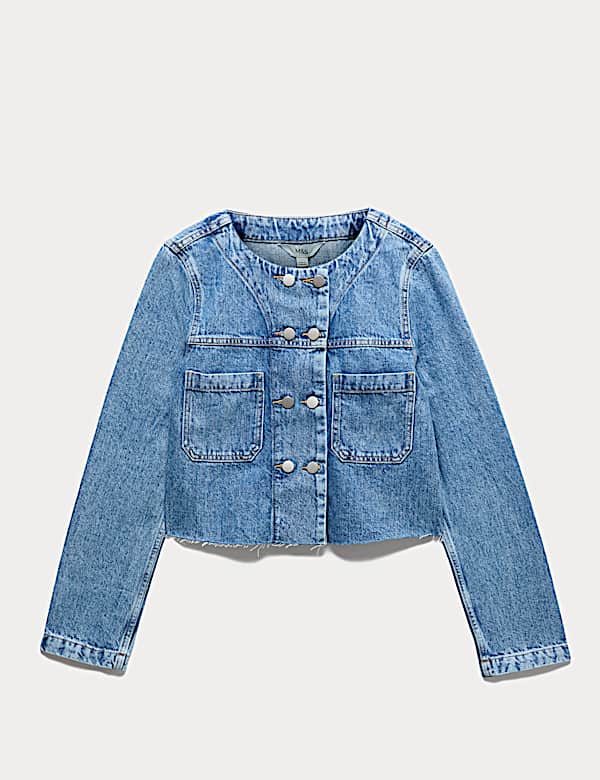 Kragenlose, doppelreihige Crop-Jeansjacke - AT