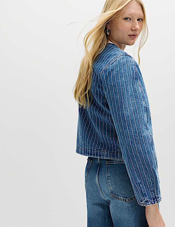Denim Striped Collarless Jacket - DK