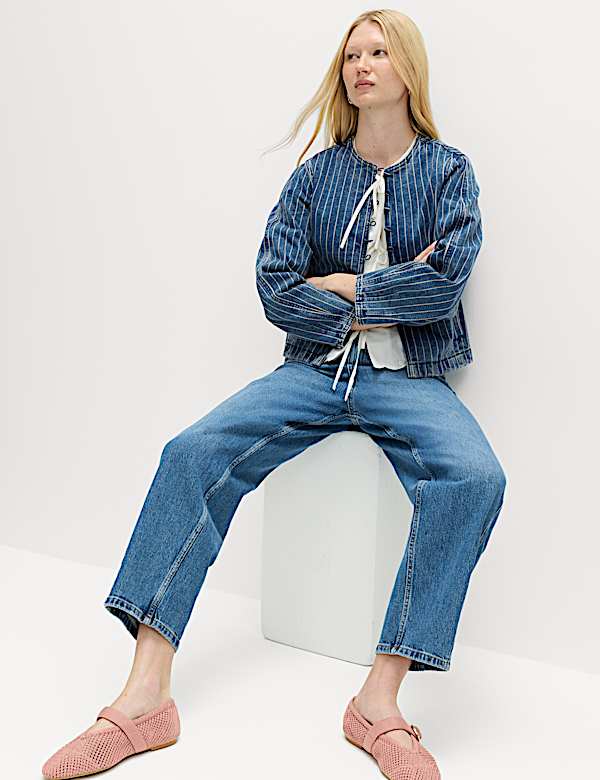 Denim Striped Collarless Jacket - DK