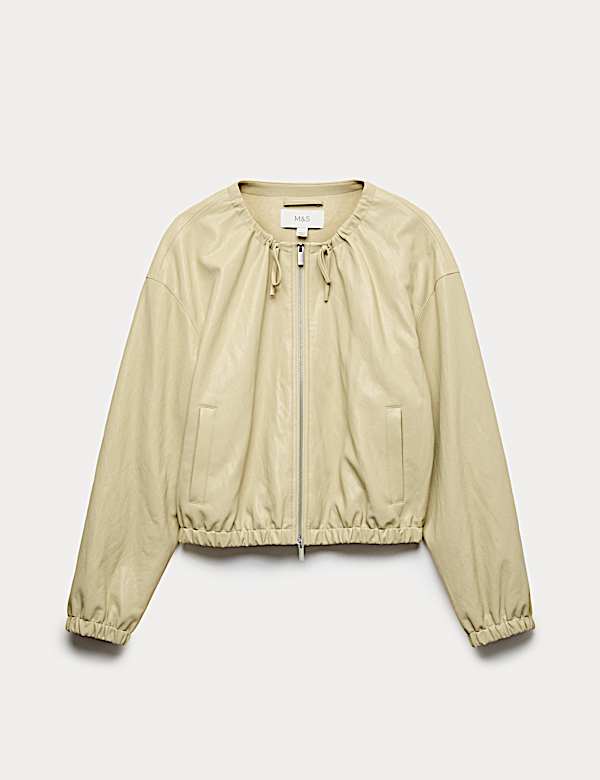 Faux Leather Neck Tie Bomber Jacket - PL