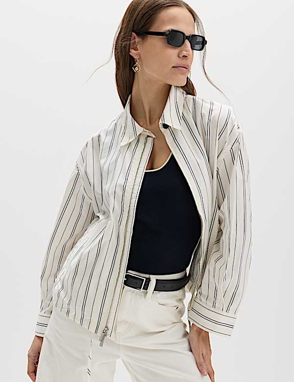 Pure Cotton Striped Zip Through Shirt Jacket | IVORY MIX | Jackets