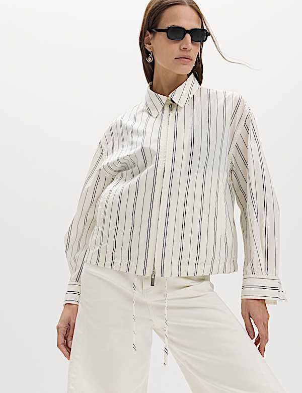 Pure Cotton Striped Zip Through Shirt Jacket - LU
