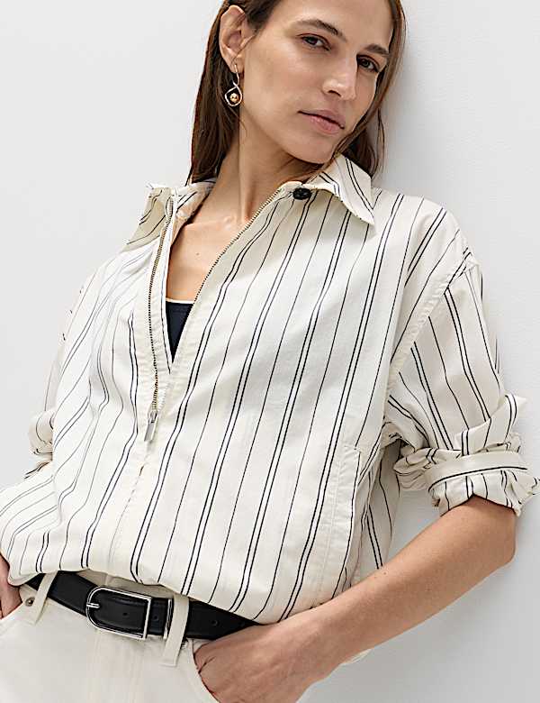 Pure Cotton Striped Zip Through Shirt Jacket - LU