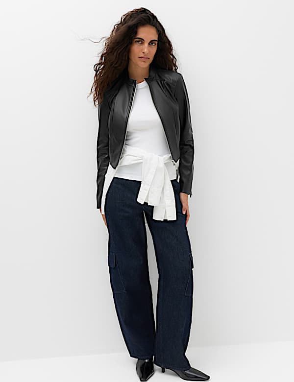 Faux Leather Funnel Neck Cropped Moto Jacket - MV