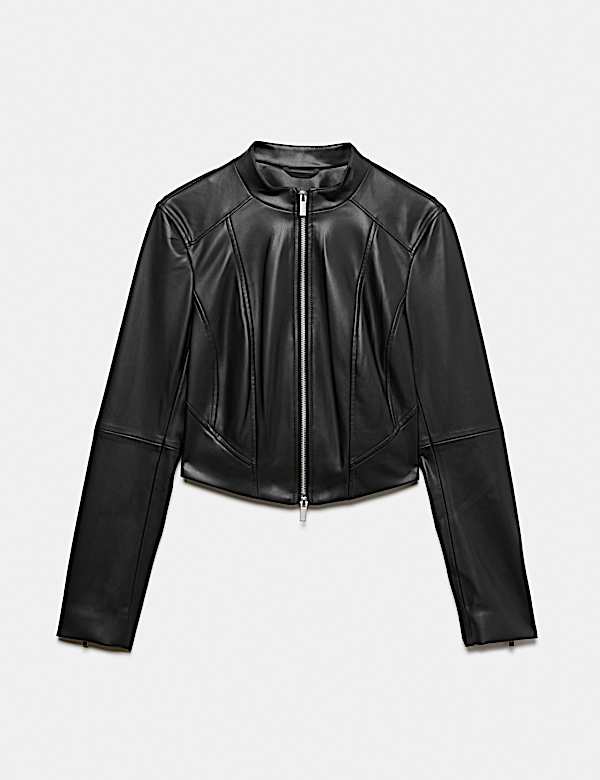 Faux Leather Funnel Neck Cropped Moto Jacket - MV