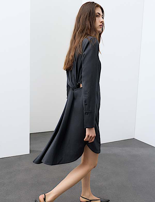 Wool Blend Draped Back Shirt Dress - HR