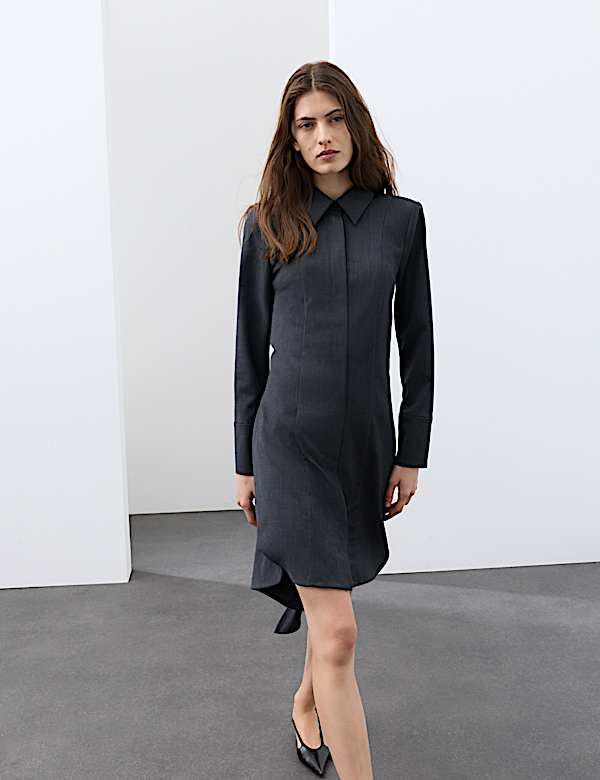 Wool Blend Draped Back Shirt Dress - HR