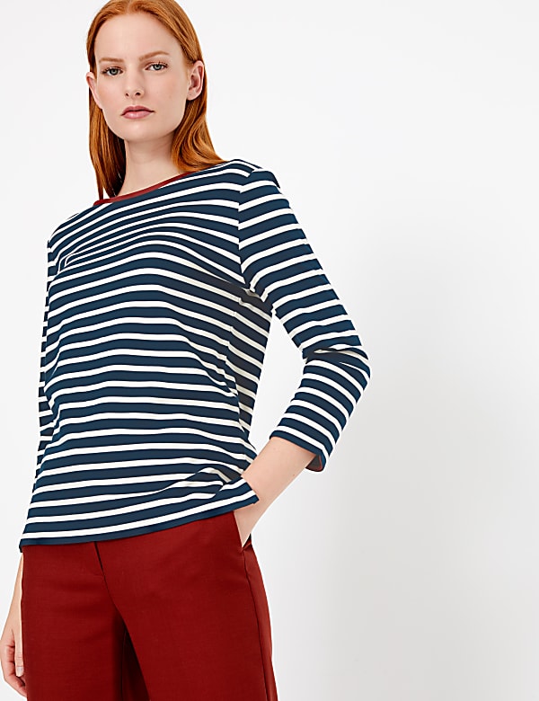 Ponte Striped Regular Fit 3/4 Sleeve Top