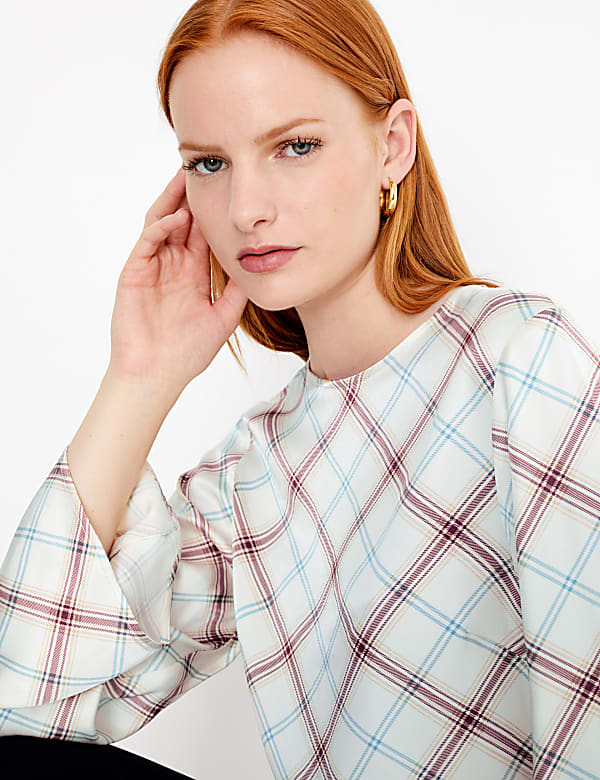 Satin Checked Long Sleeve Shell Top