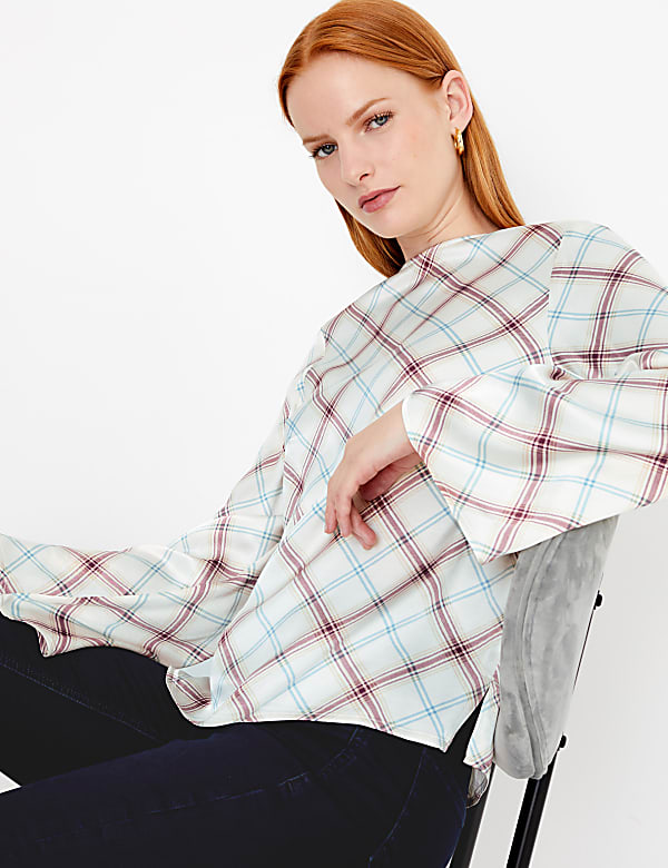 Satin Checked Long Sleeve Shell Top