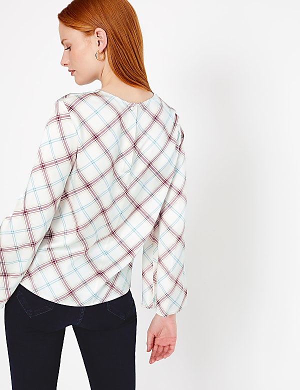 Satin Checked Long Sleeve Shell Top