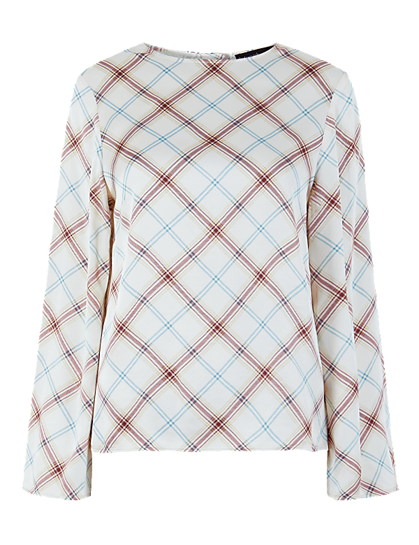 Satin Checked Long Sleeve Shell Top