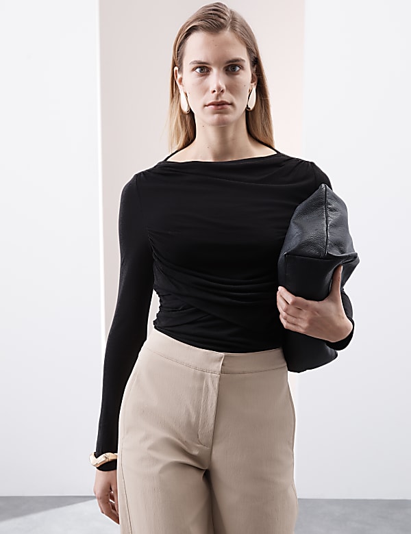 Slash Neck Wrap Front Top With Silk