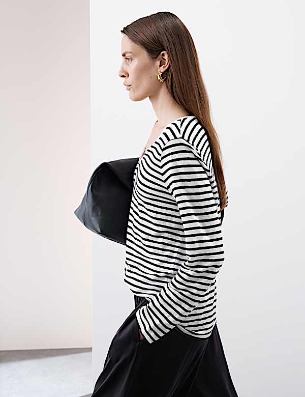 Pure Linen Striped V-Neck Top - FR