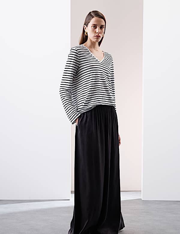 Pure Linen Striped V-Neck Top - FR