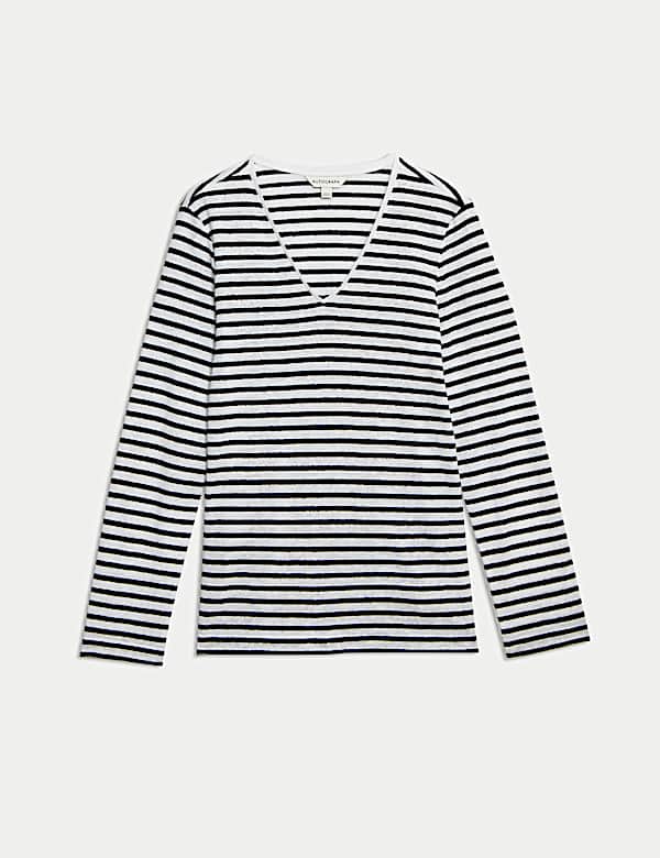 Pure Linen Striped V-Neck Top - FR