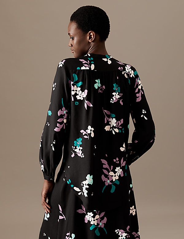 Floral Collarless Long Sleeve Blouse