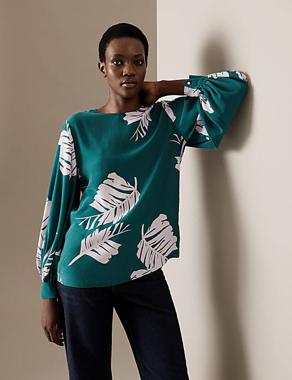 Cupro Rich Printed Blouson Sleeve Blouse