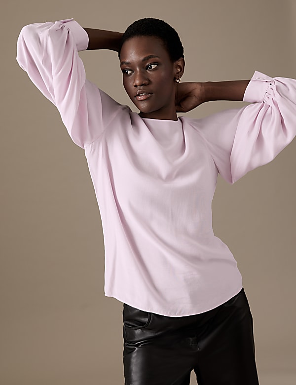 Cupro Rich Round Neck Balloon Sleeve Blouse