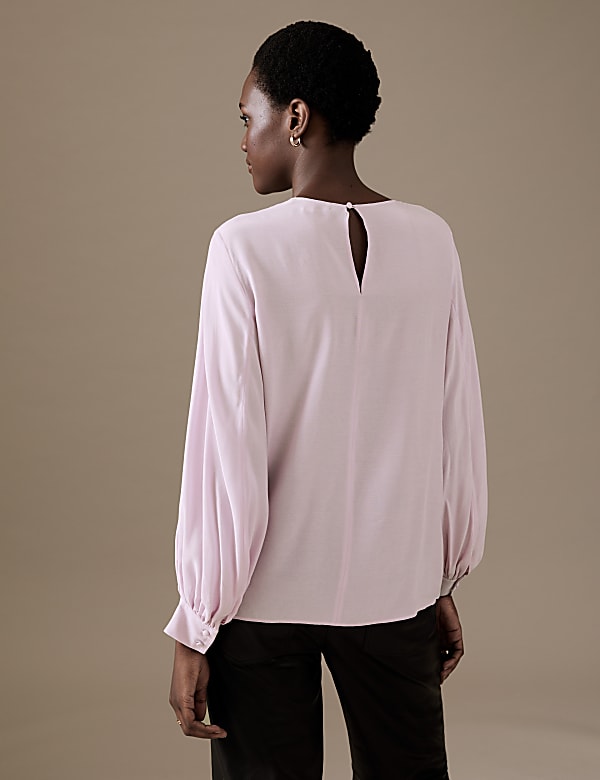 Cupro Rich Round Neck Balloon Sleeve Blouse