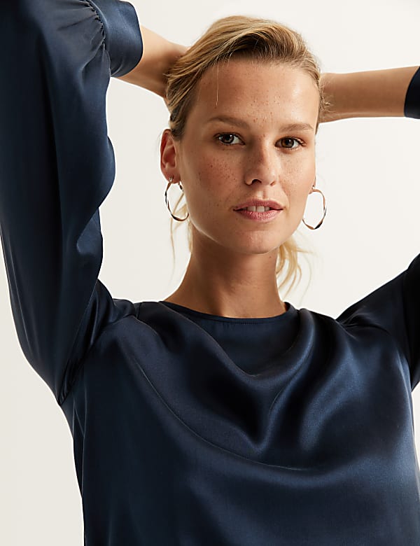 Pure Silk Round Neck Blouson Sleeve Blouse