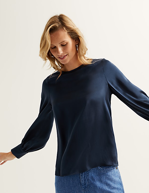 Pure Silk Round Neck Blouson Sleeve Blouse