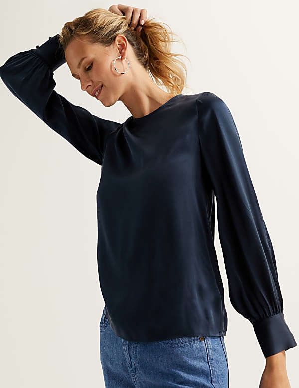 Pure Silk Round Neck Blouson Sleeve Blouse