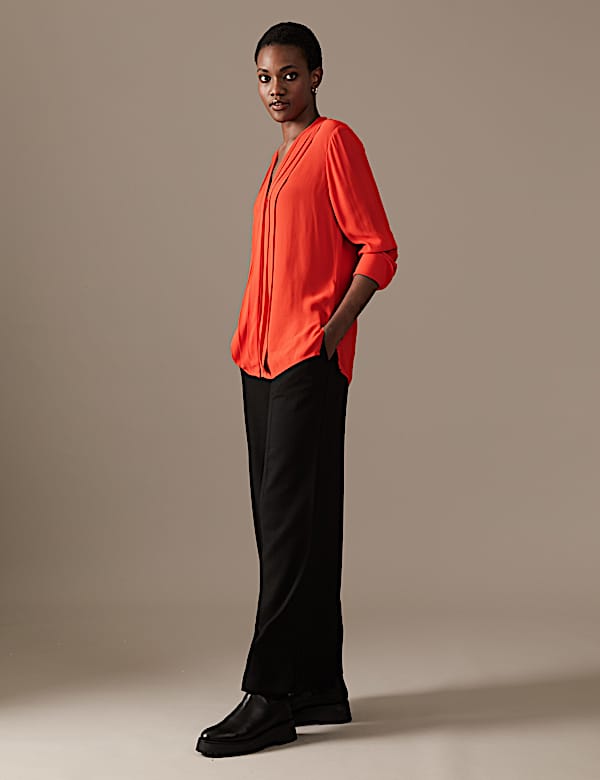 Pleated V-Neck Long Sleeve Blouse