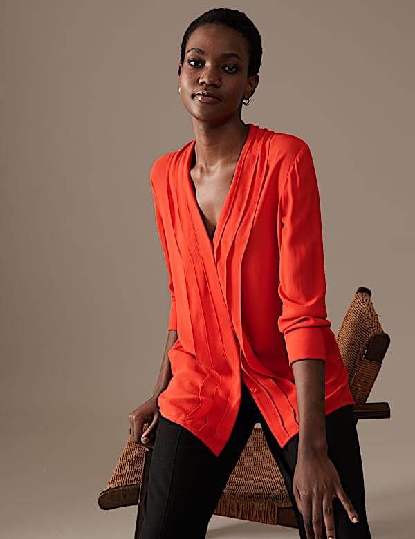 Pleated V-Neck Long Sleeve Blouse