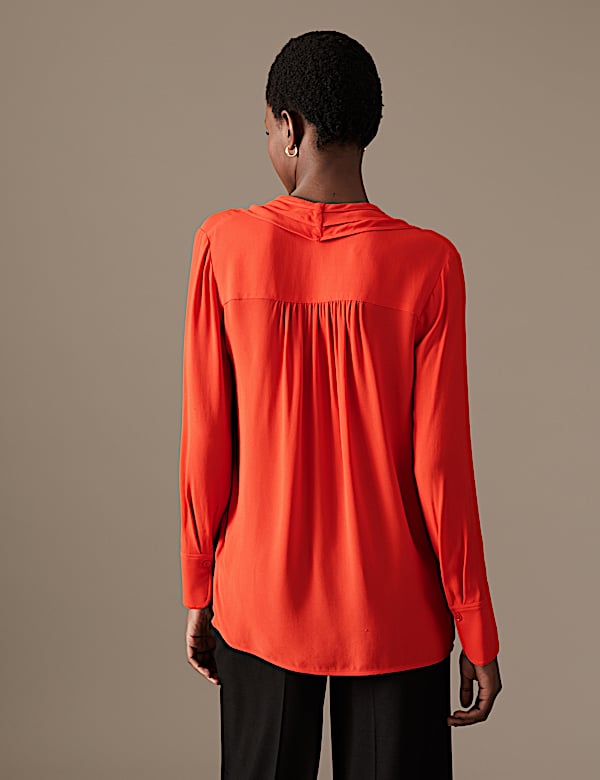 Pleated V-Neck Long Sleeve Blouse