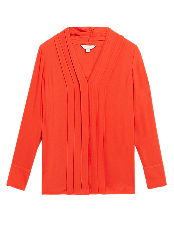 Pleated V-Neck Long Sleeve Blouse