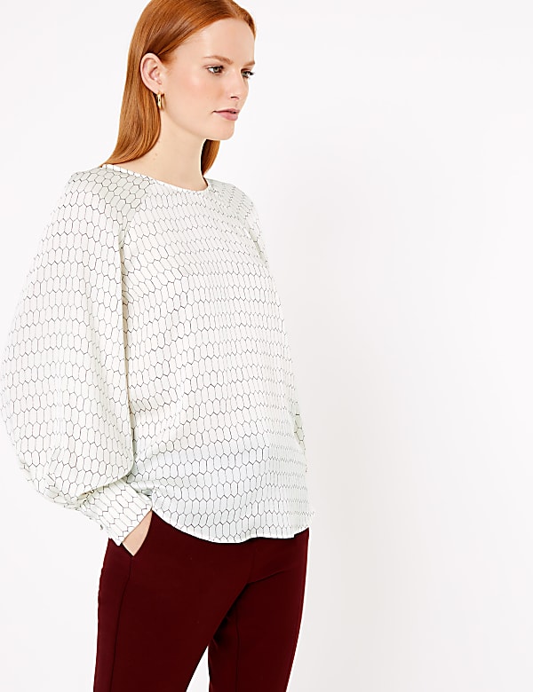 Geometric Print Blouson Sleeve Shell Top