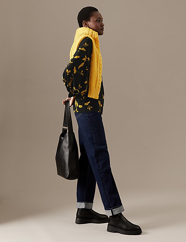 Leaf Print Blouson Sleeve Blouse