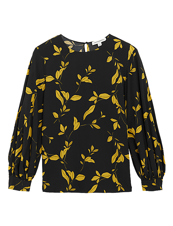 Leaf Print Blouson Sleeve Blouse