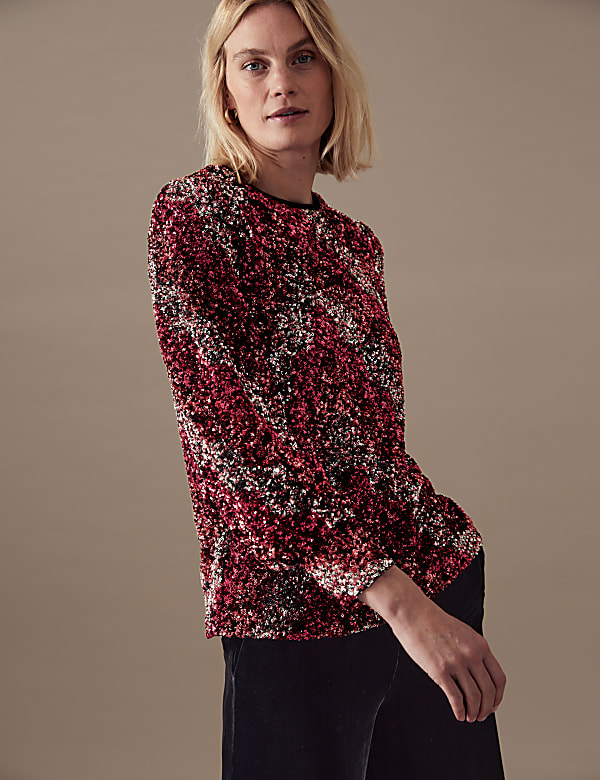 Sequin Embellished Round Neck Blouse