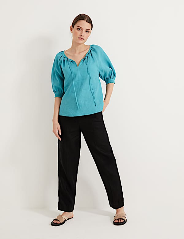 Pure Irish Linen Tie Neck Blouse