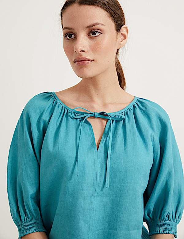 Pure Irish Linen Tie Neck Blouse