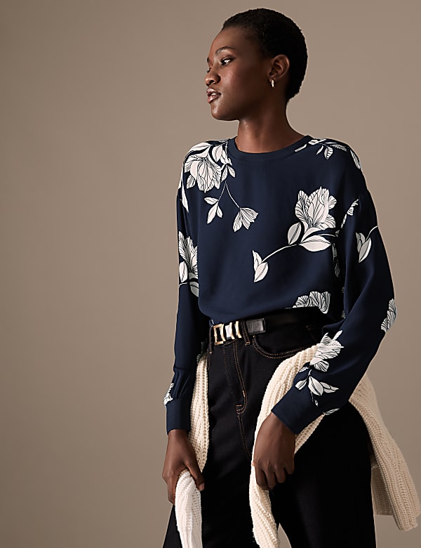 Floral Crew Neck Long Sleeve Blouse