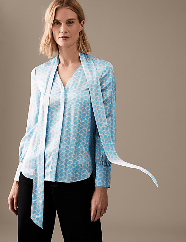 Satin Printed Scarf Neck Long Sleeve Blouse
