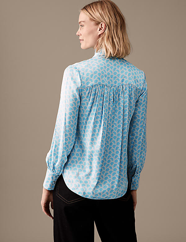 Satin Printed Scarf Neck Long Sleeve Blouse