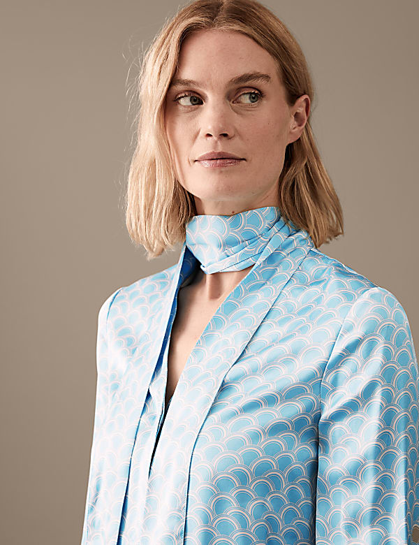 Satin Printed Scarf Neck Long Sleeve Blouse