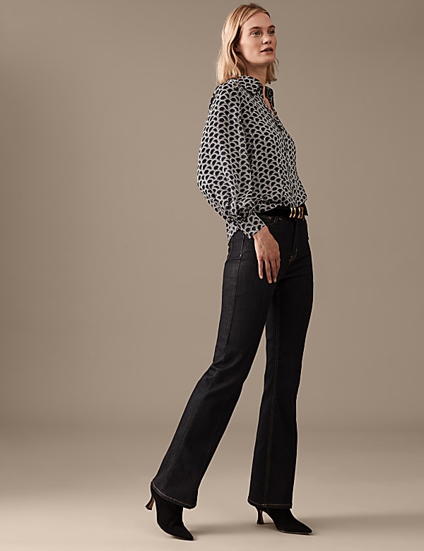 Satin Printed Collared Blouson Sleeve Shirt