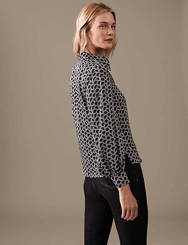 Satin Printed Collared Blouson Sleeve Shirt