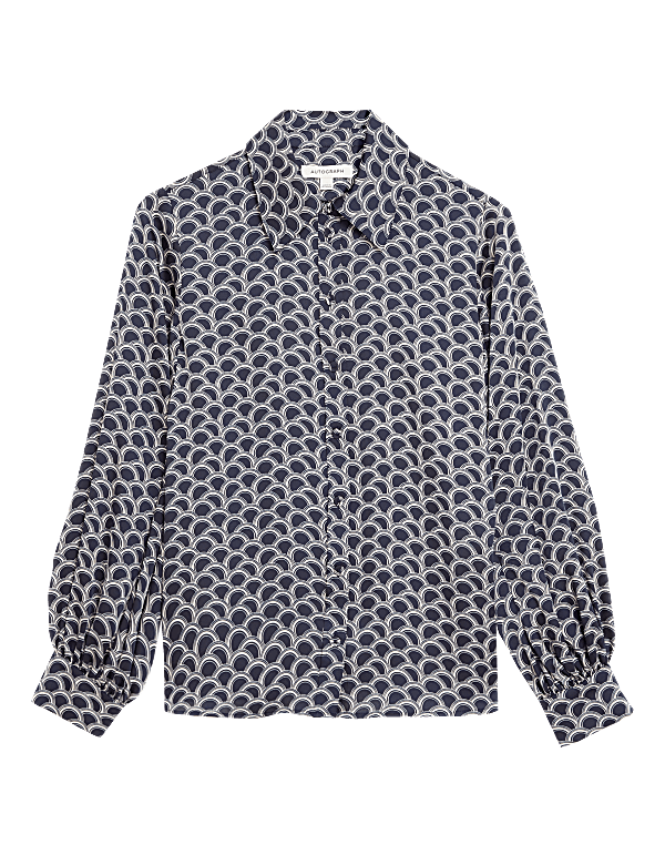 Satin Printed Collared Blouson Sleeve Shirt