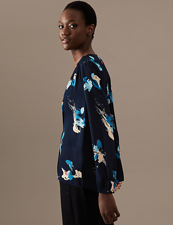 Printed Draped Long Sleeve Blouse