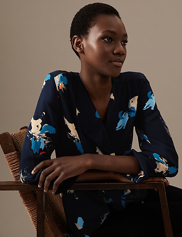 Printed Draped Long Sleeve Blouse